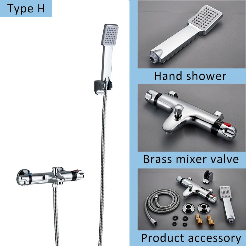 Suguword Thermostatic Chrome Bathroom Shower Faucet Set Rainfall Bath 8 inch Shower Head Thermostat Shower Crane Taps