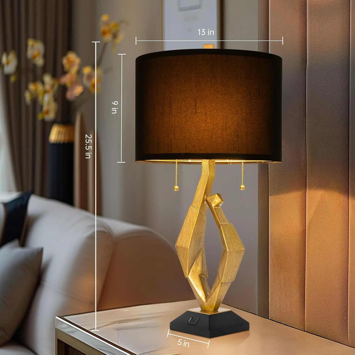 Table Lamp Set of 2 with USB Ports For Living Room, Gold Leaf Finish Farmhouse Lamps with S Cluster Pull Chains Switch