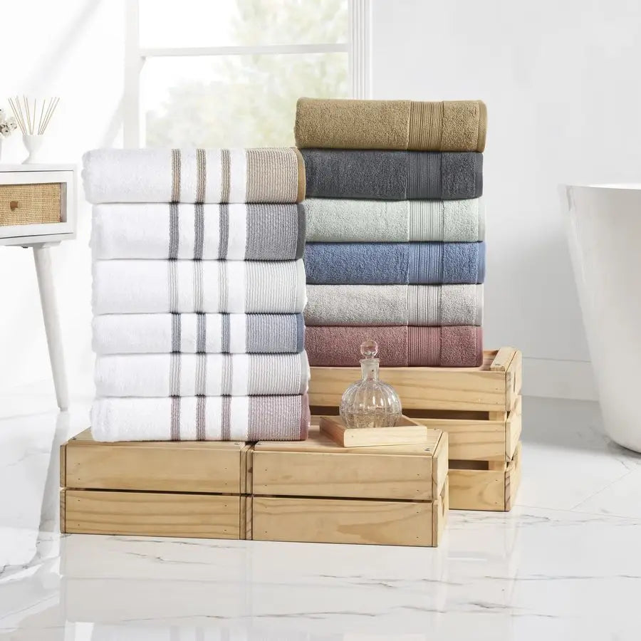 6 Piece Set, 2 Bath Towels, 2 Hand Towels, 2 Washcloths, Quick Dry White Contrast Reinhart Sage