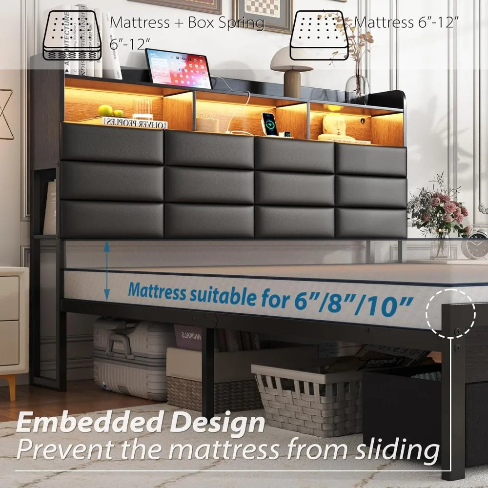 Full Bed Frame with Storage Headboard, Upholstered Black Bed Frame with 4 Drawers, LED Lights, and Charging, Customized