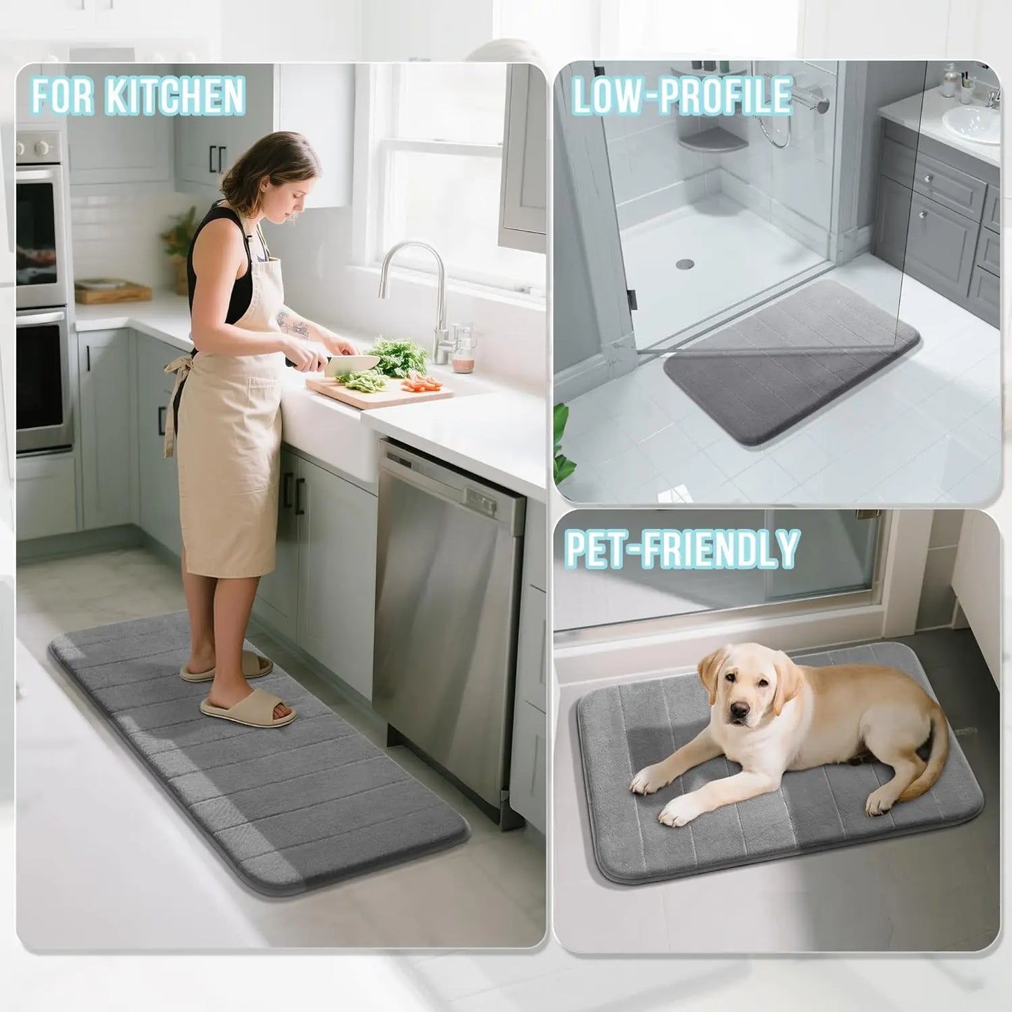 Non-Slip Memory Foam Bath Mat, Super Soft Water Absorbent Rug for Bathroom Vanity Tub Shower, Gray