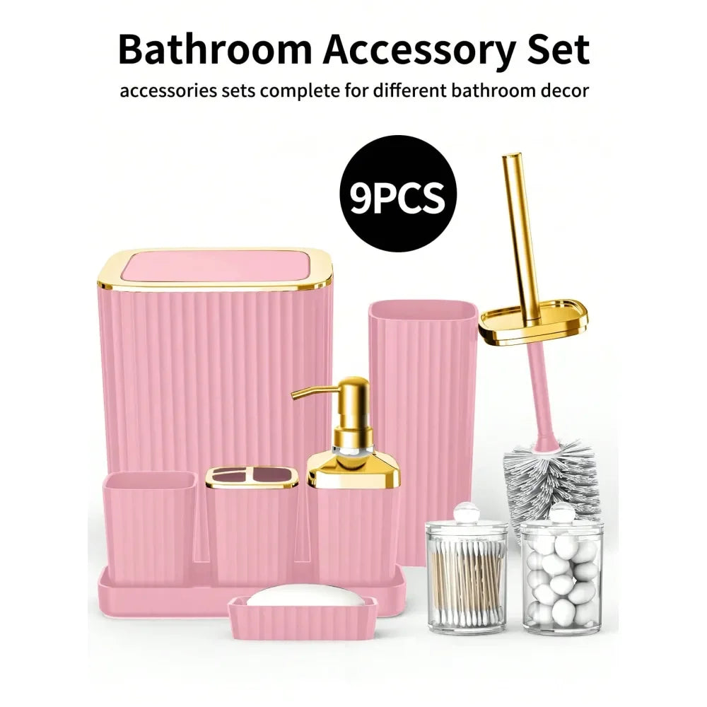 Accessories Set,9 Piece Pink Bathroom Sets Complete With Toothbrush Holder, Trash Can, Lotion Soap Dispenser, Toothbrush Cup, V