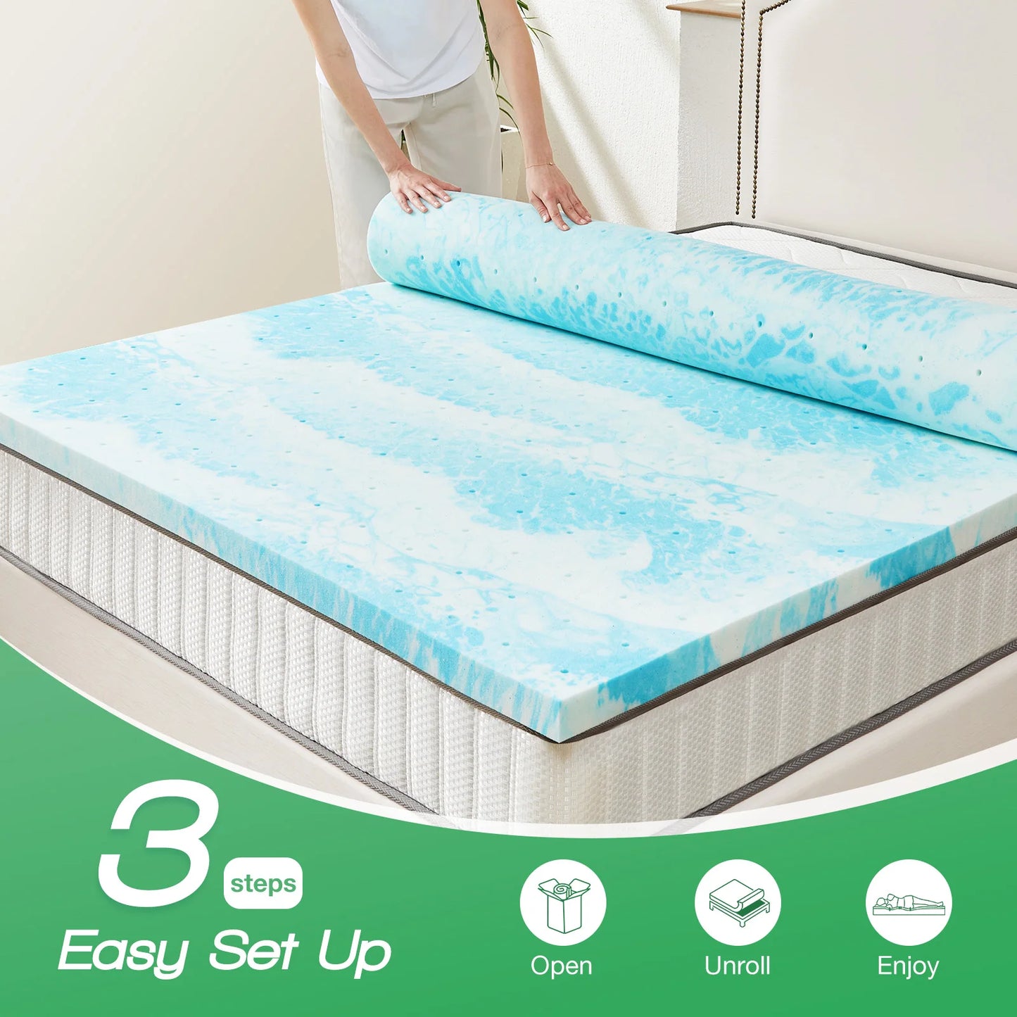 JHK 3 Inch Memory Foam Soft Mattress Topper CertiPUR US Certified Thick Gel Cooling Mattress Soft and Breathable Bed Topper