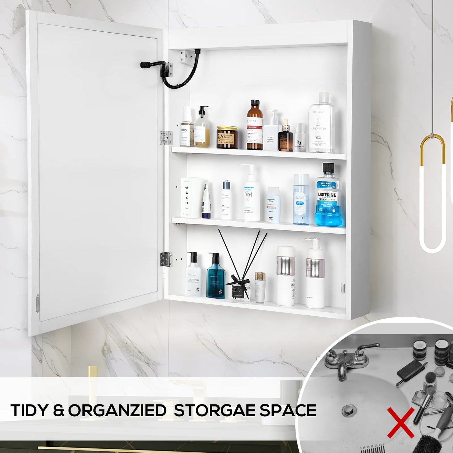 VOWNER Bathroom Medicine Cabinet with LED Lights and Mirror, with Adjustable Shelf, Defogger, Memory 3-Color Mode, Dimmer