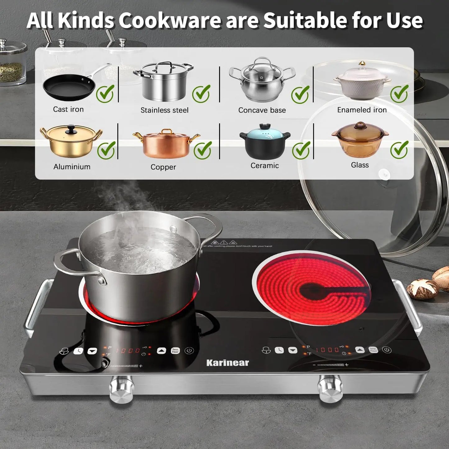 Karinear Ceramic Hob 2 Zones, 3200W Plug in Electric Hob with Safety Lock, Knobs&Touch Control, 56cm Coutertop Freestanding 240V