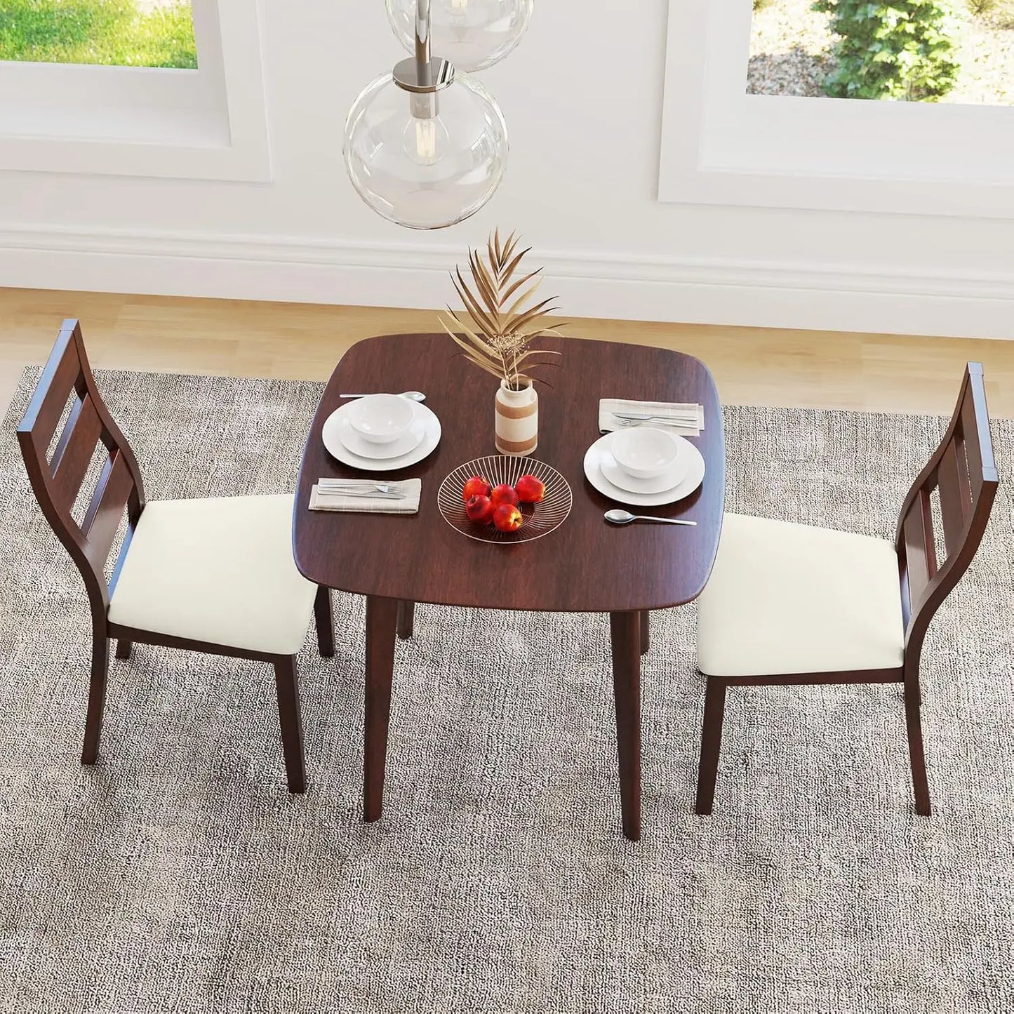 3-Piece Dining Table Set for 2, Wooden Square Kitchen Table and 2 Chairs with Padded Seat, Customized