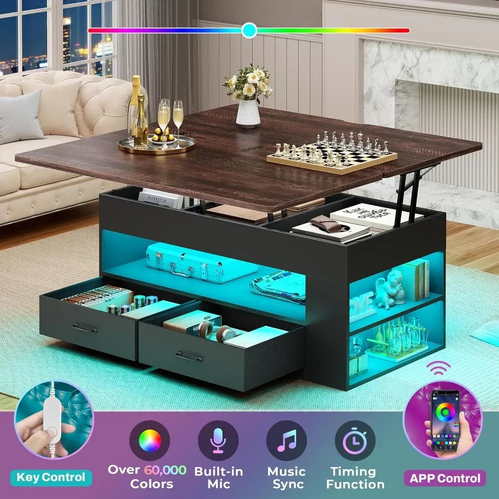 4-in-1 Lift Top Coffee Table with Storage, LED Lights, and Hidden Compartment for Living Room - Black