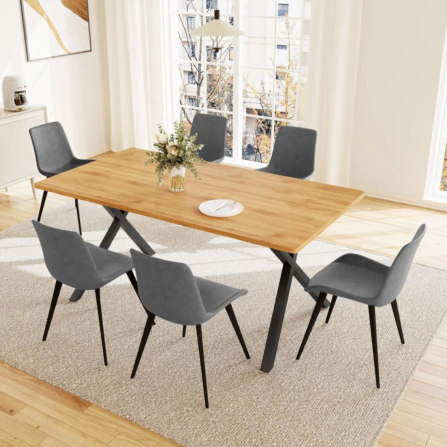 7-Piece Dining Set 63in MDF Table 6 Upholstered Chairs Metal Legs Kitchen Room Oak White Custom