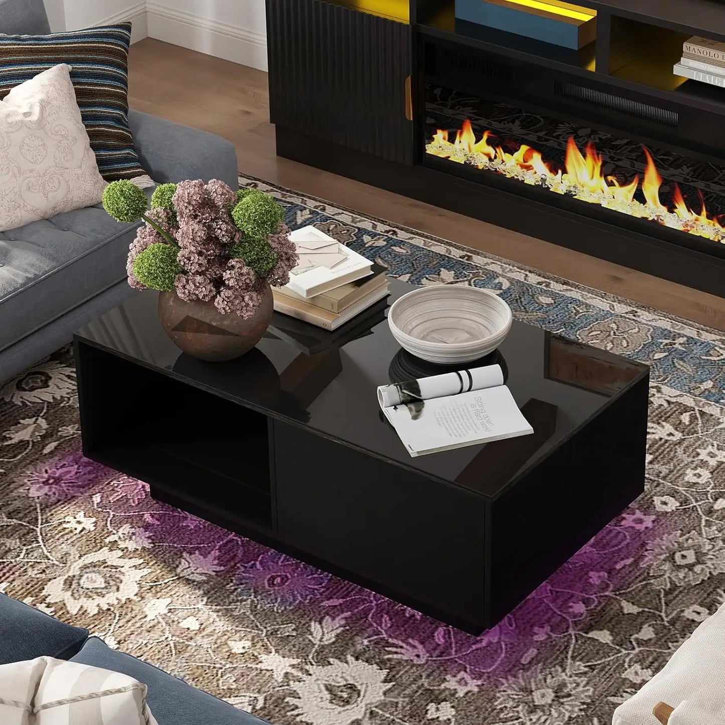 43.3IN LED Black Coffee Tables for Living Room with 16 Colors LED Lights Modern Coffee Table with Storage Drawer, Customized