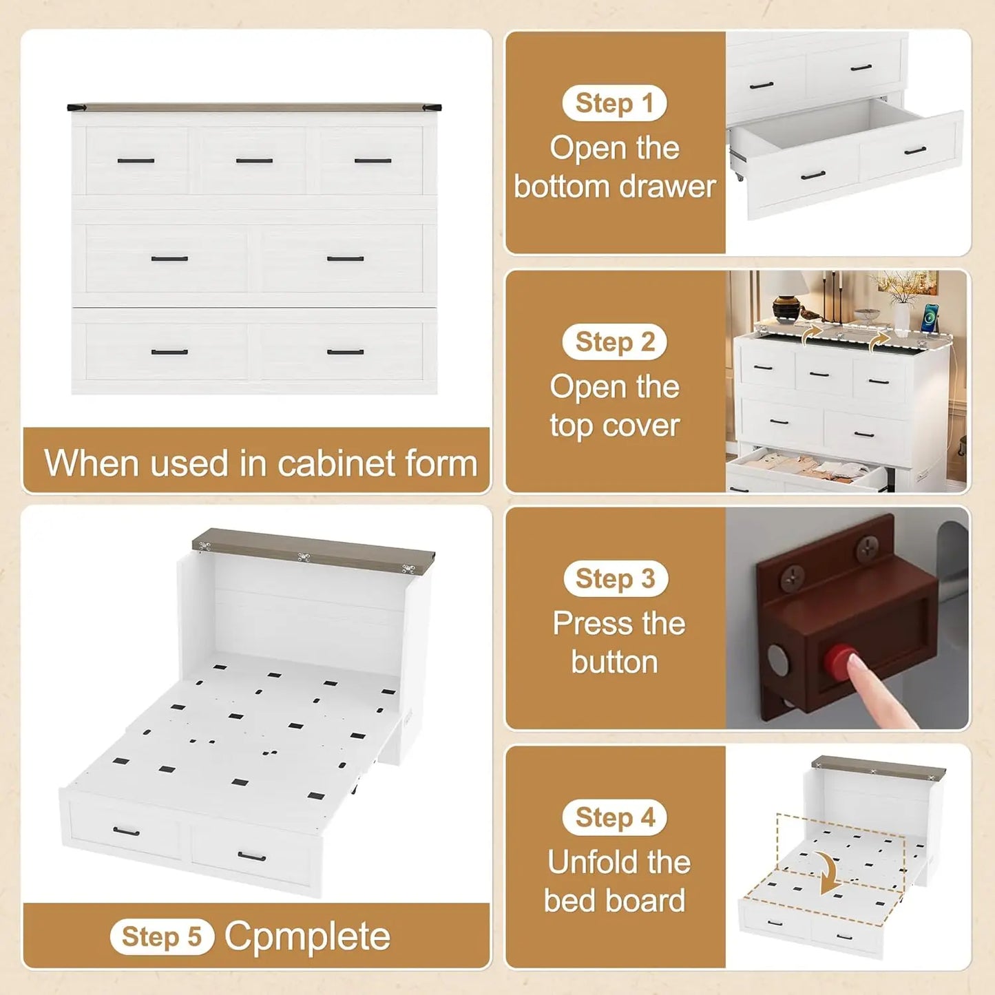 Full Size Murphy Bed Cabinet Bed Foldable Platform Bed with Charging Station Storage Drawer for Small Bedroom, Customized