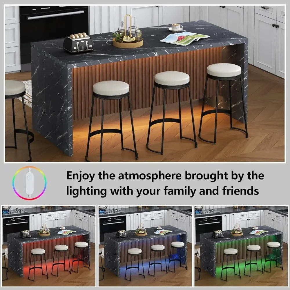 71 Inch Large Imitation Marble Dining Table, Island Table with Led Light, Modern Marble Stripe Kitchen Dining Table