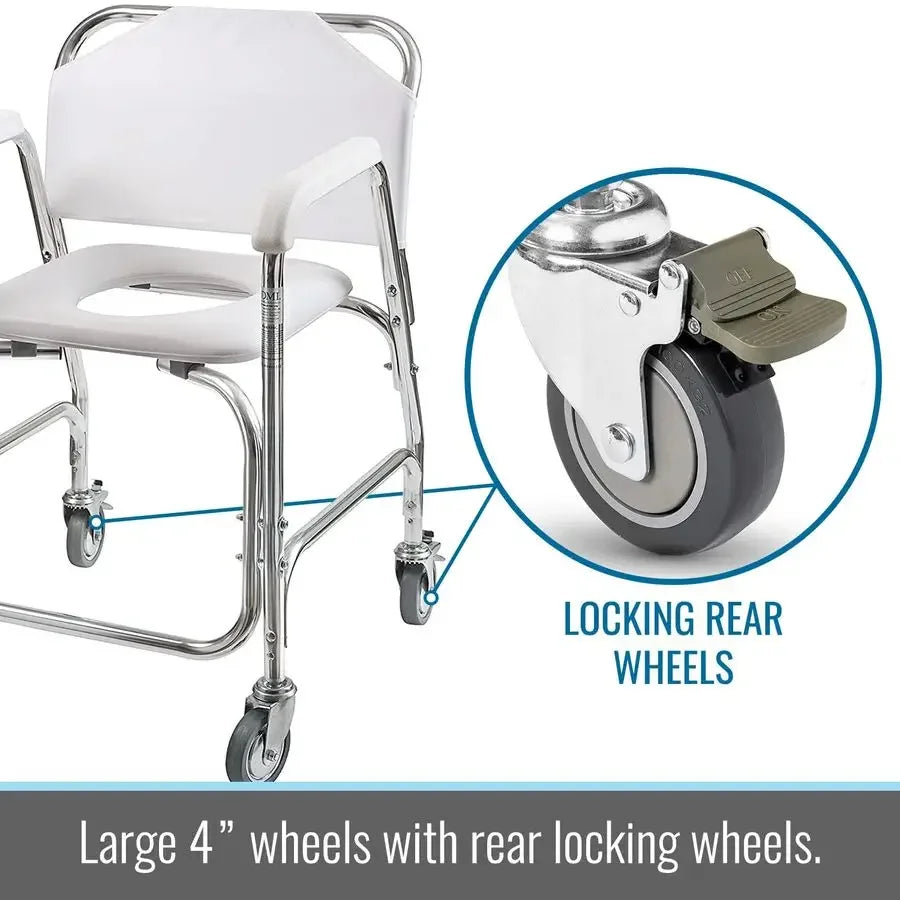 Rolling Shower Chair, Commode, Transport Chair, FSA Eligible, Rolling Bathroom Wheelchair for Handicap, Elderly, Injured or Dis