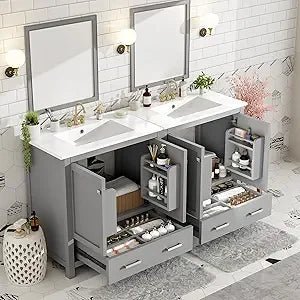 60" Bathroom Vanity with Double Sink, Solid Wood Bathroom Cabinet with 2 Drawers, Storage Racks & 2 Cabinets, Separate Two 30 In