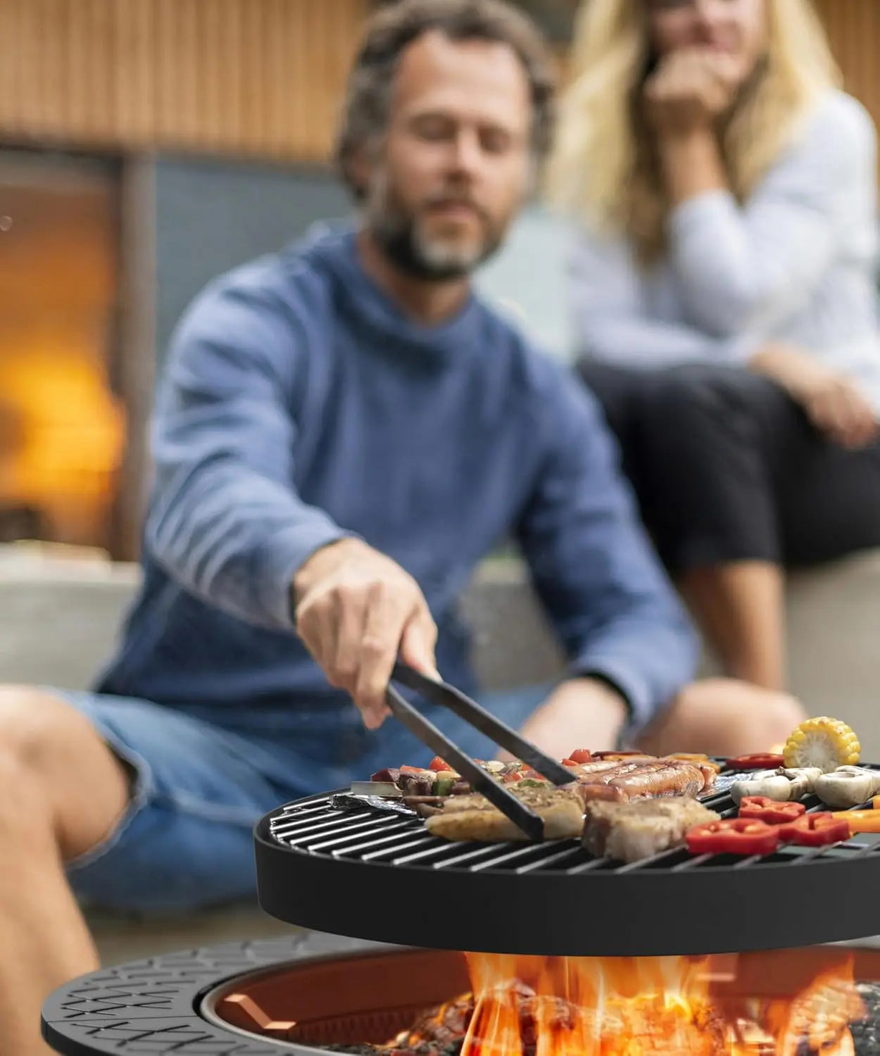 35 Inch Fire Pit with BBQ Grill, Wood Burning Fire Pits for Outside with Lid & Fire Poker, 3 in 1 Round Metal Fire, Customized