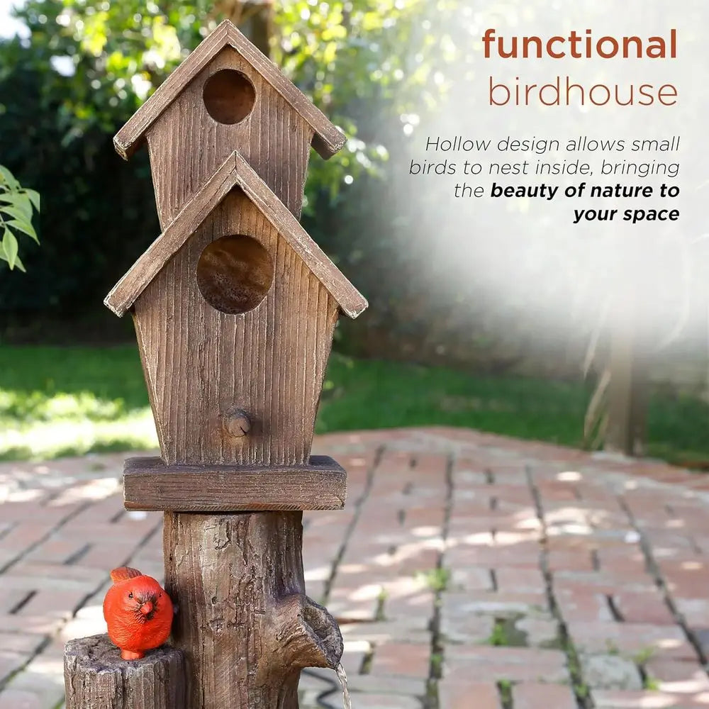 35" Tall Outdoor 3-Tier Birdhouse Water ountain with Accent, Rustic loor Decor or Garden and Patio, Brown