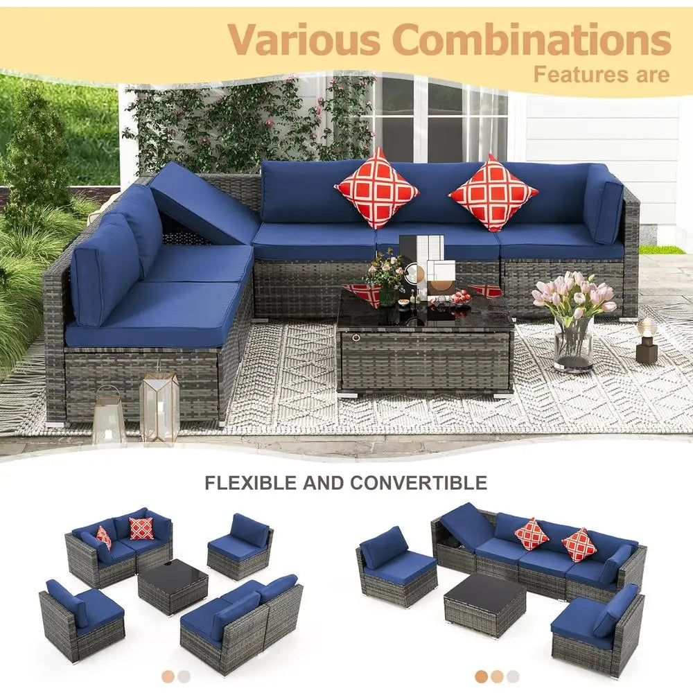 7-Piece Outdoor Patio Furniture Set, Handwoven PE Rattan, Sectional with Storage Table, Navy Blue Cushions & Pillows, Ideal for