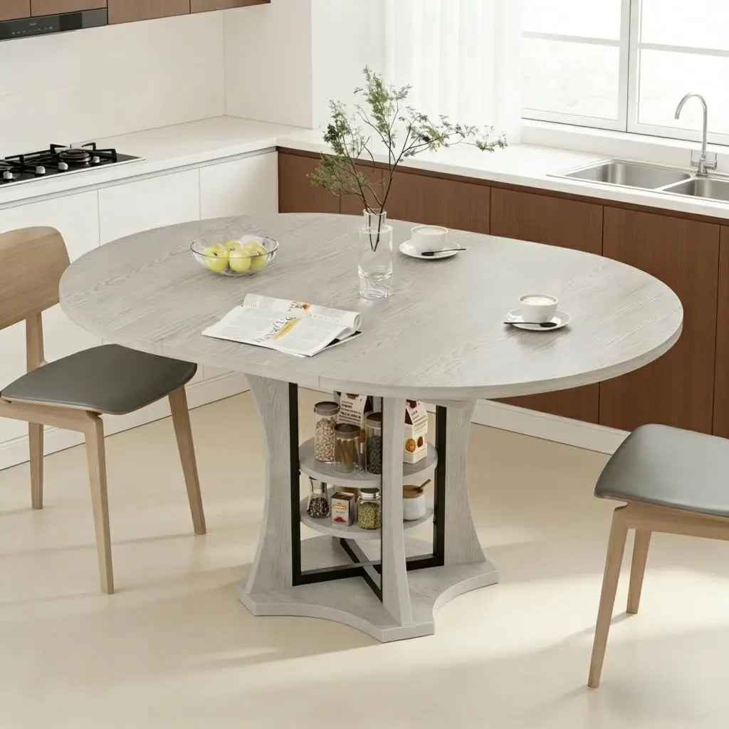 Extendable Dining Table 43"-59" for 4-6, White Faux Marble Round Kitchen Dining Room Table with 2 Tier Storage, Customized