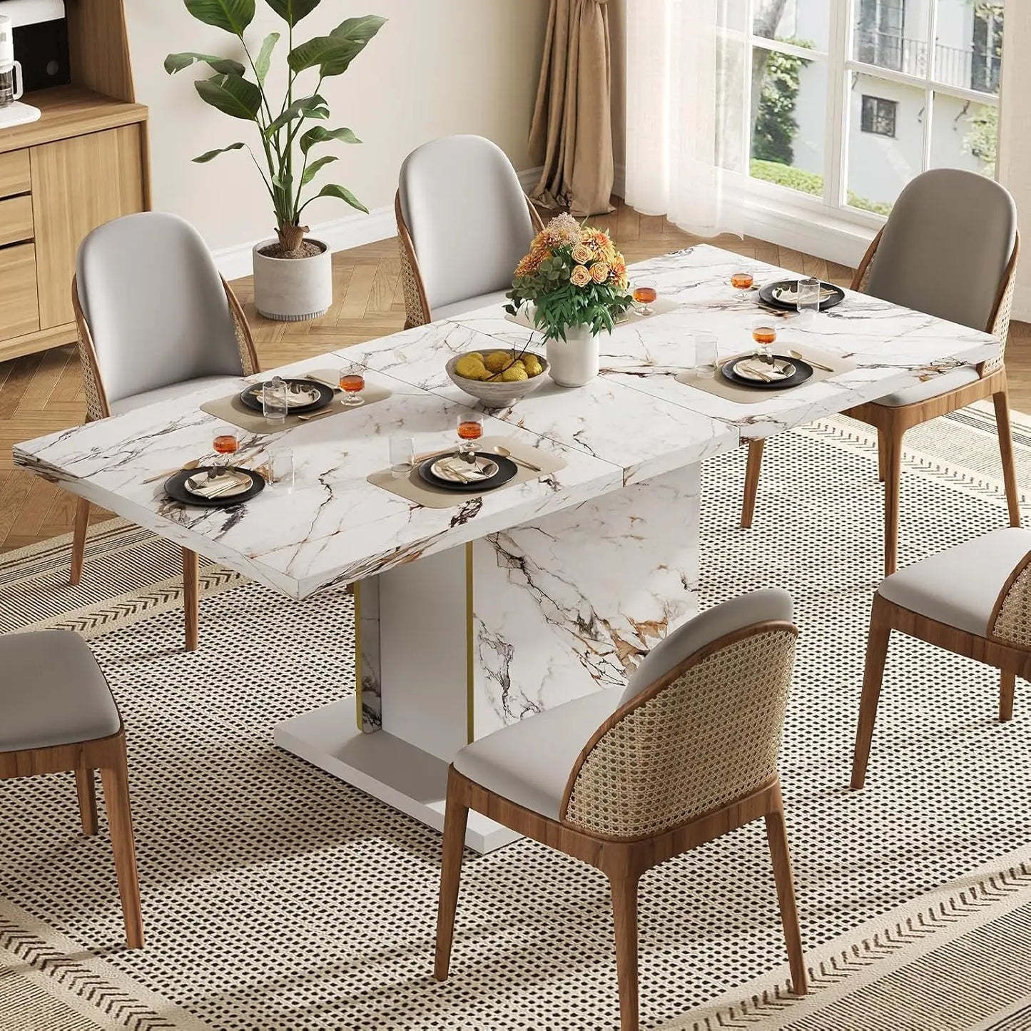 71" Faux Marble Dinner Table,Rectangle Modern White Dining Table for 6-8 People,Large Kitchen Furniture Table, Customized