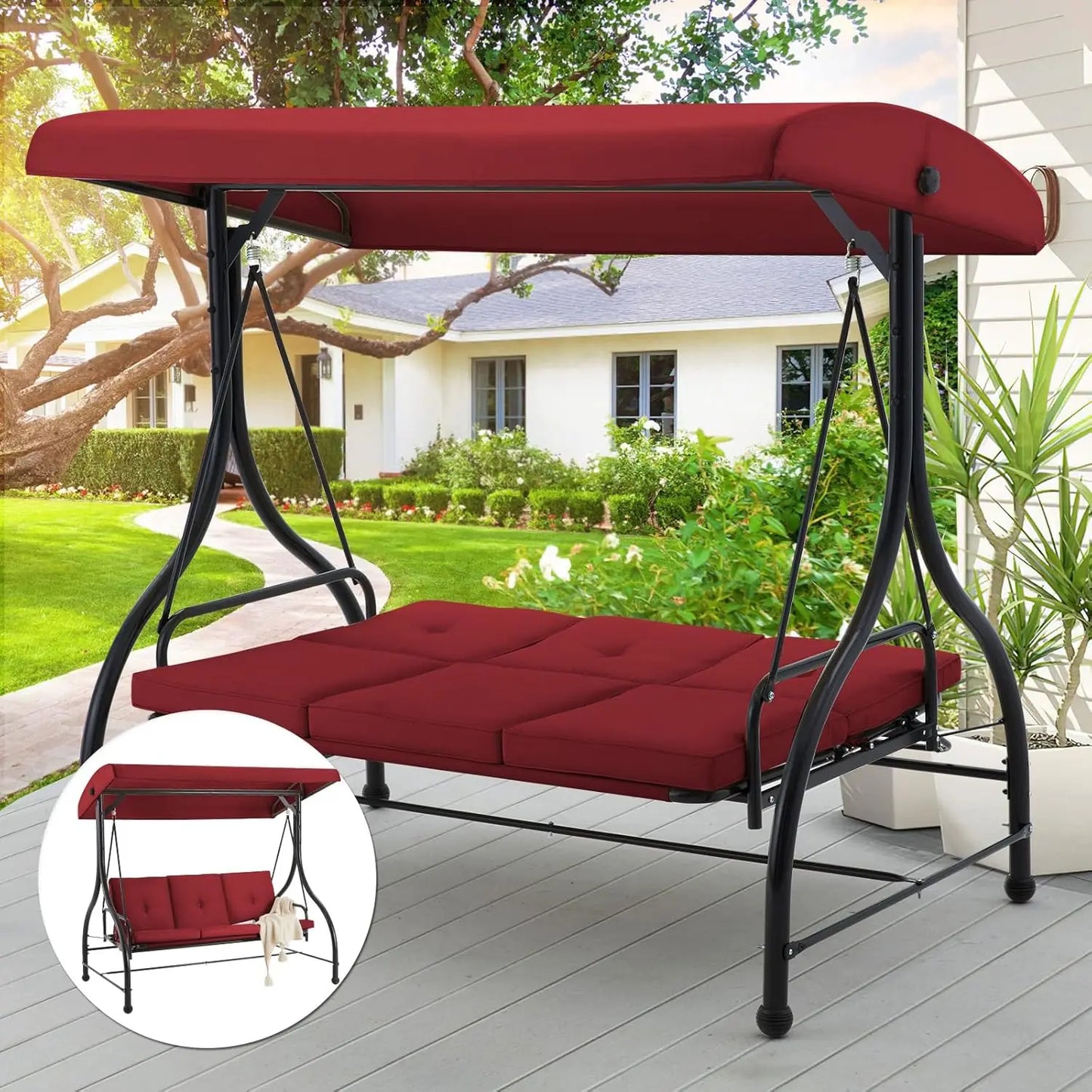 3-Seat Outdoor Patio Swing Chair, Converting Swing Glider Canopy Hammock w/Adjustable Backrest and Canopy, Customized
