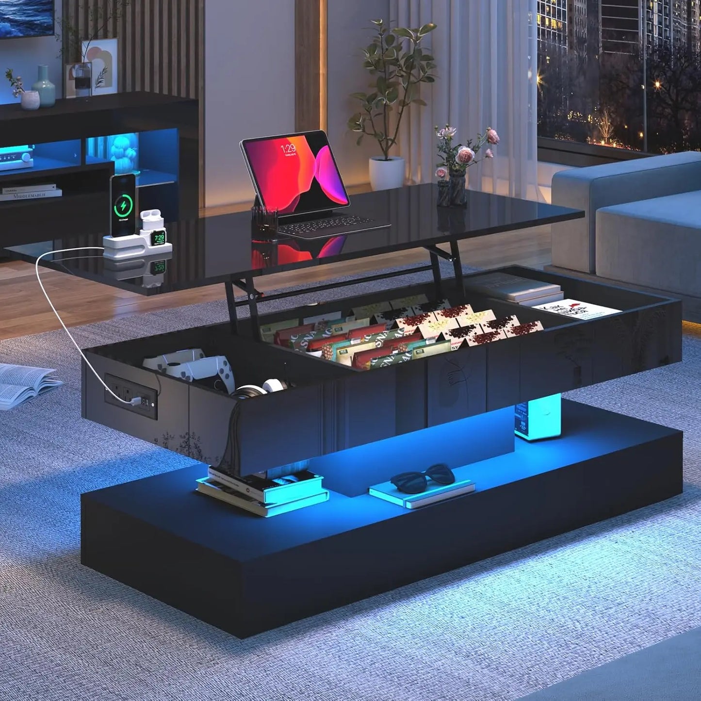 47.2" Large Lift Top Coffee Table,Modern High Glossy LED Coffee Tables for Living Room with Storage Drawer,White, Customized