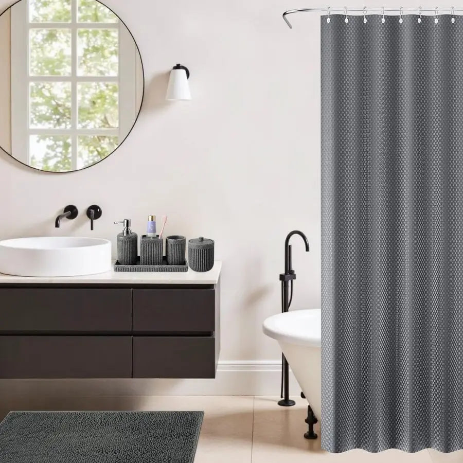 Grey Bathroom Sets with Shower Curtain and Rugs, Resin Bathroom Accessories Sets Complete with Soap Dispenser, Toothbrush Holde