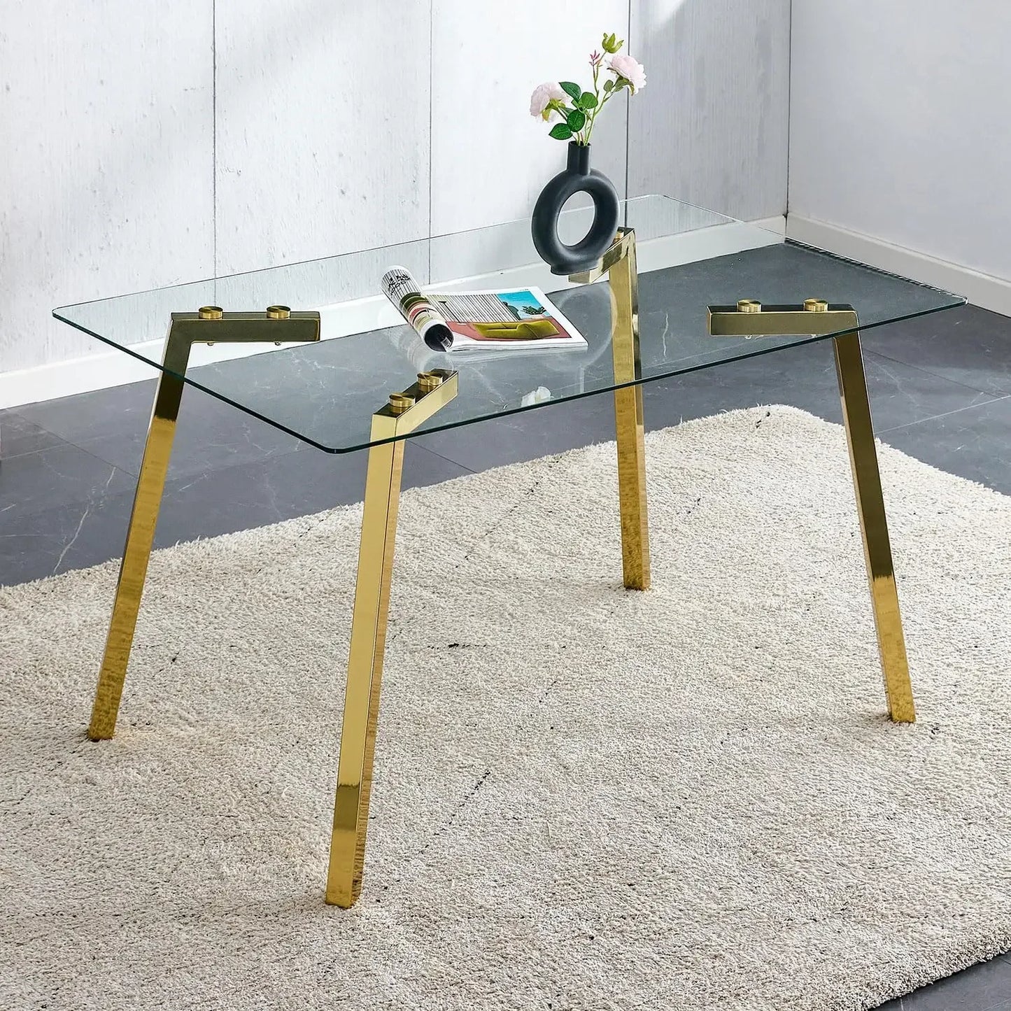 Dining Table Set of 4,51" Rectangle Tempered Glass Table Top with Golden Metal Legs,Kitchen Room Table with 4 Black Faux