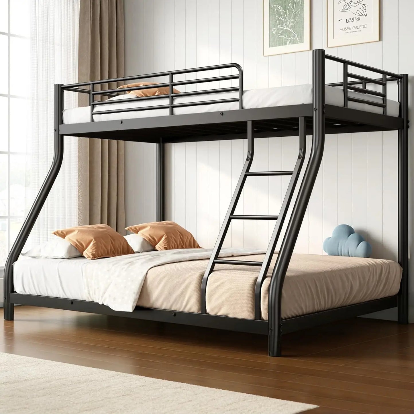 Bunk Beds Twin Over Full Size with Ladder and Guardrail, Heavy Duty Bunk Bed with Metal Slats Support, No Box, Customized