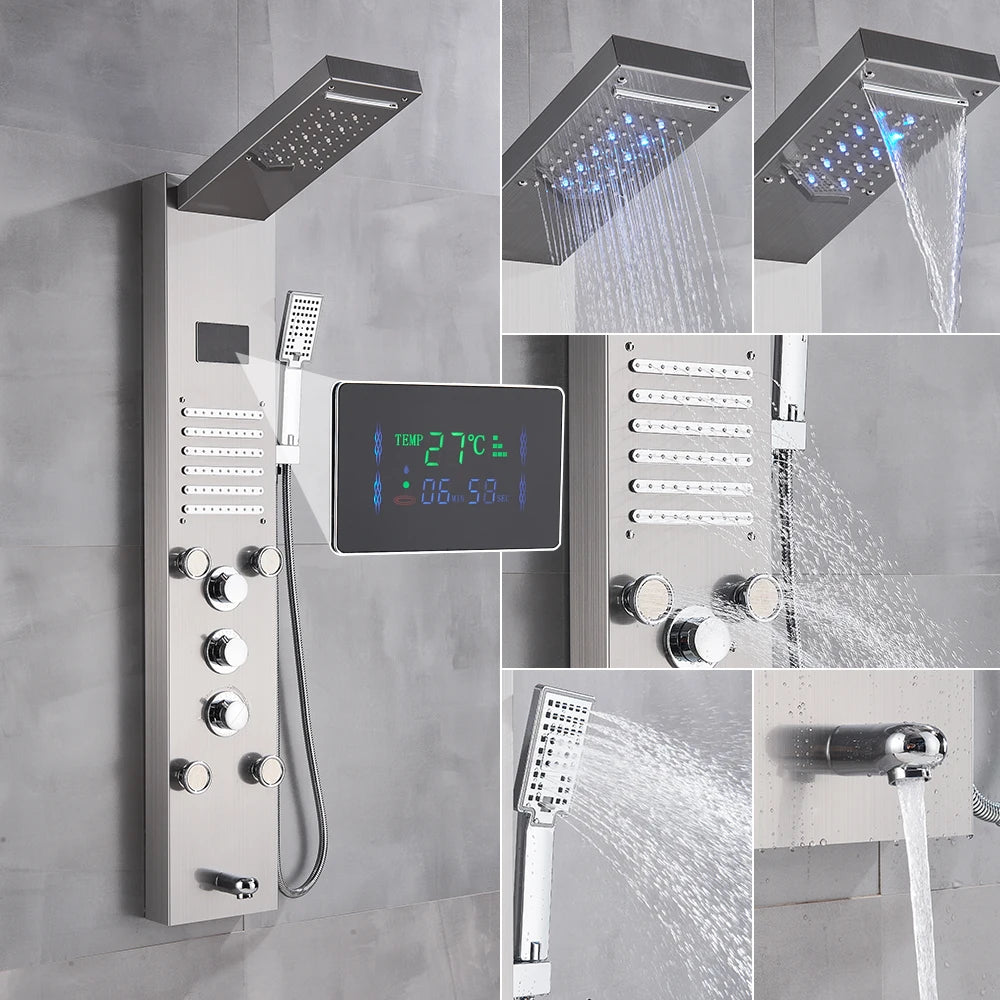 Newly Luxury Black/Brushed Bathroom Shower Faucet LED Shower Panel Column Bathtub Mixer Tap With Hand Shower Temperature Screen