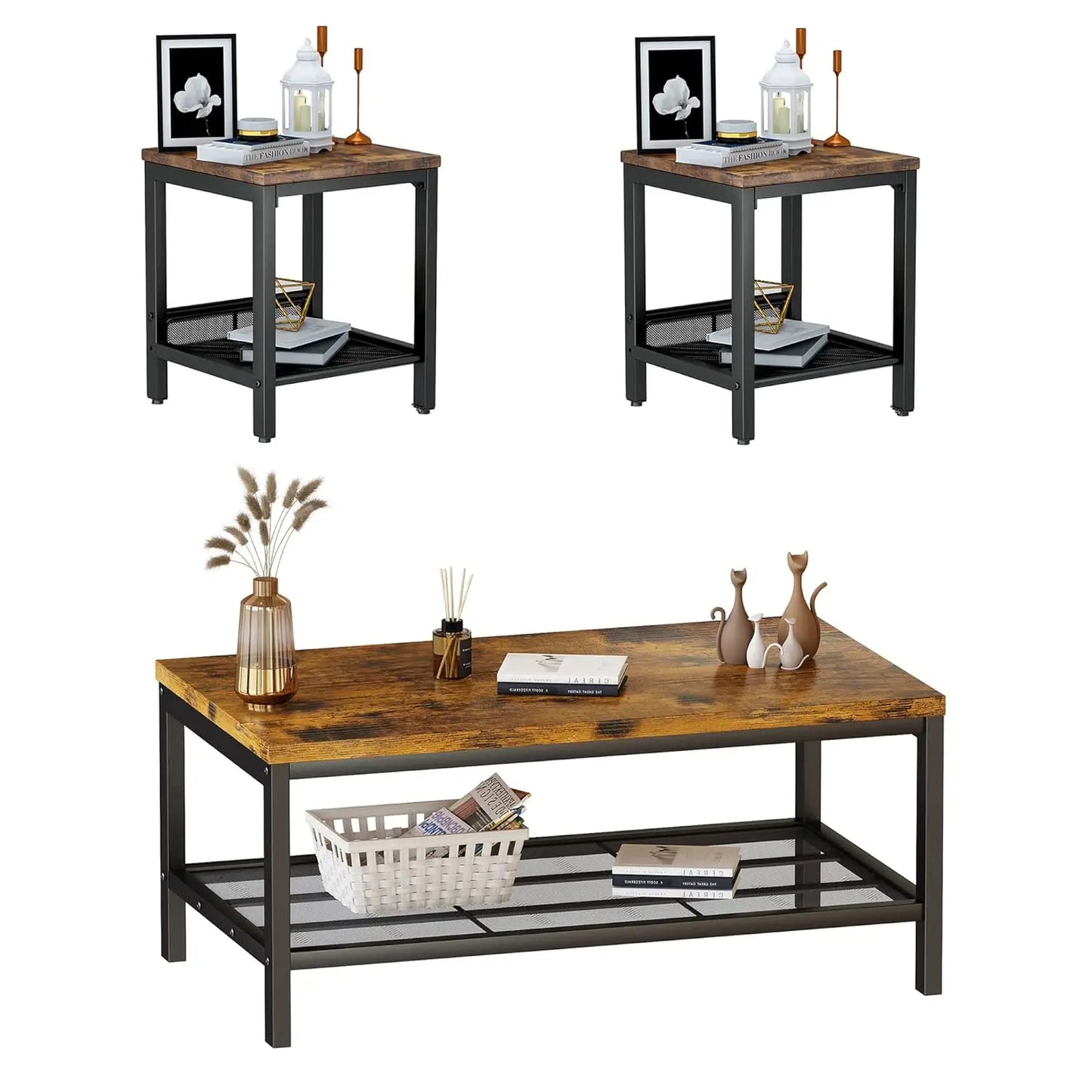 Coffee Table Set of 3, Industrial Coffee Table with 2 Square End Side Tables, Modern Living Room Table Set with, Customized
