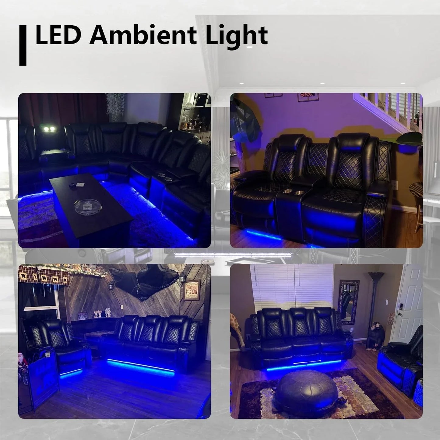 Power Recliner Sofa Set with LED Light for Living Room Furniture,Black Leather Reclining Sofa and Loveseat Set 3 Seater Sofa