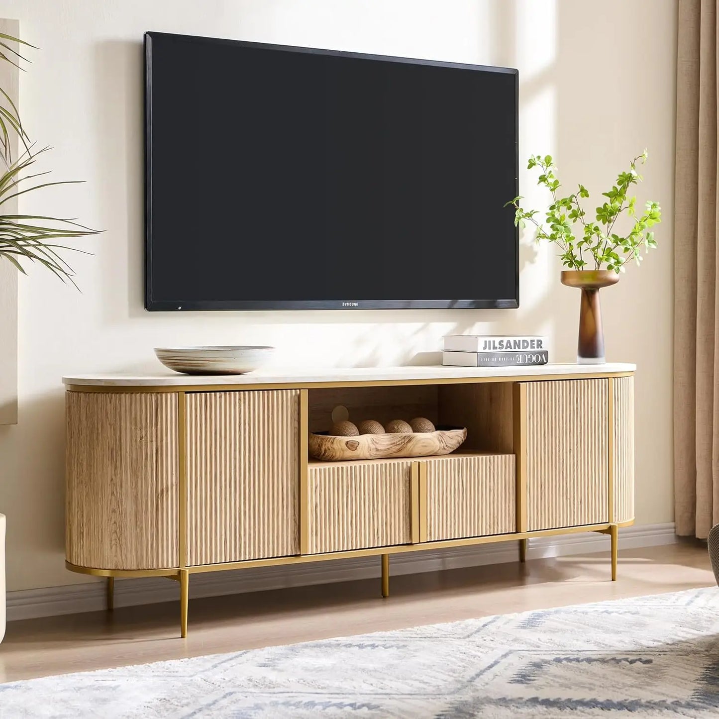 70" Fluted TV Stand Modern Entertainment Center Faux Marble Top Curved Profile Media Console Living Room Navy Blue Customized