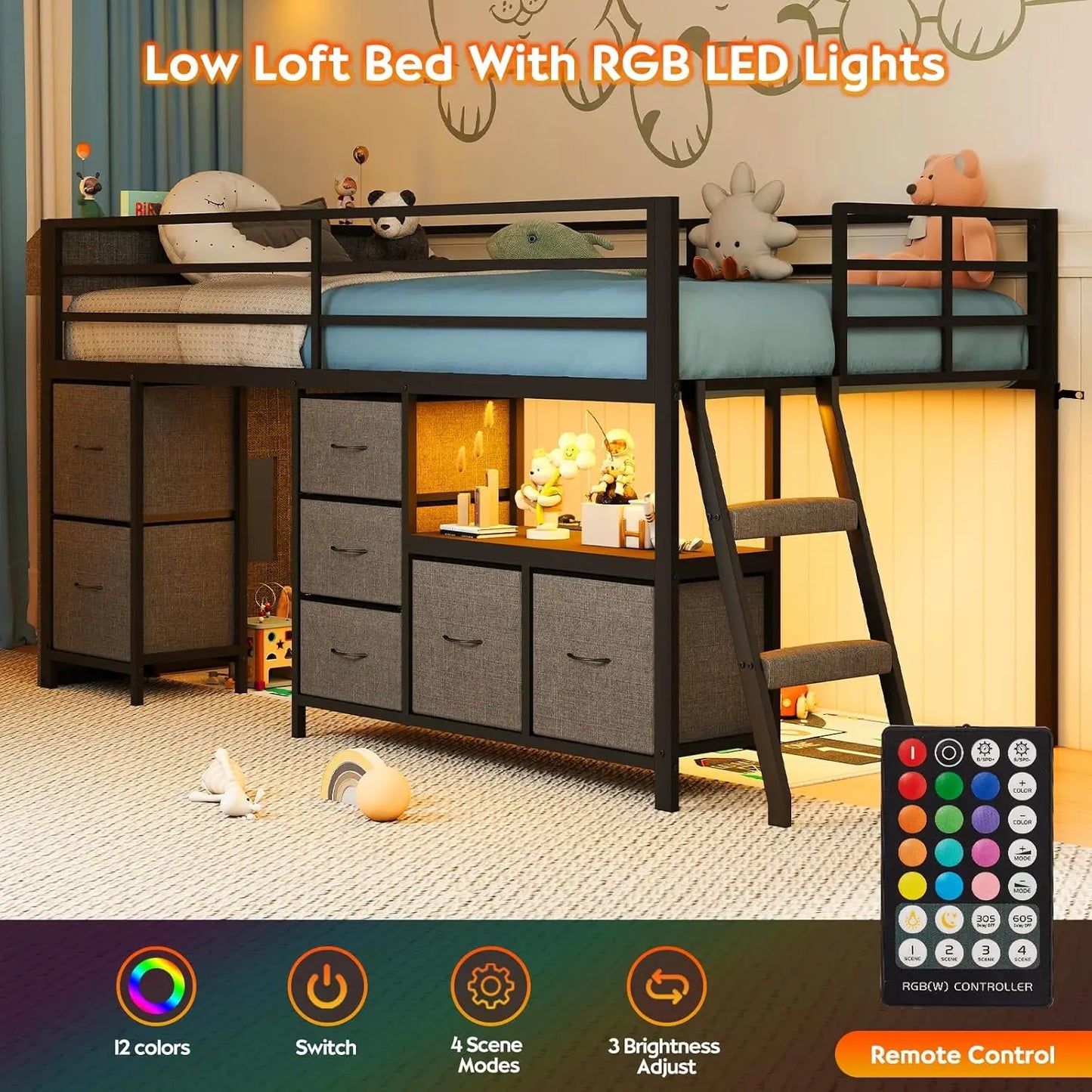 Twin Low Loft Bed 7 Drawers Bookcase 14" Guardrail LED Steel Slat Kids Play Space Gray, Customized