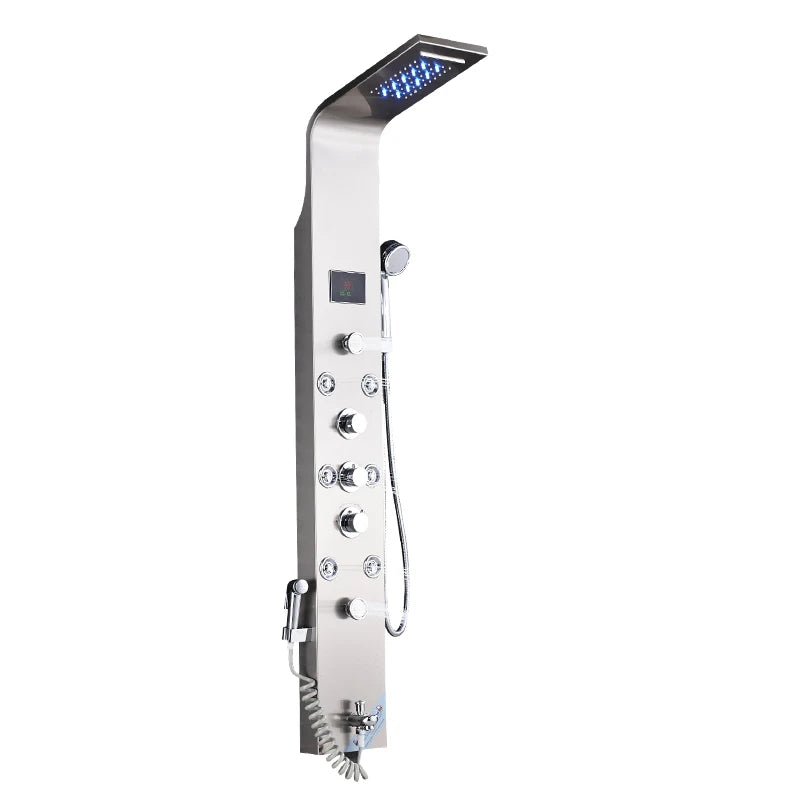Saeuwtowy Wall Mount Shower Panel Shower Column LED Waterfall Shower Faucet Set With Bidet Sprayer Massage Temperature Display