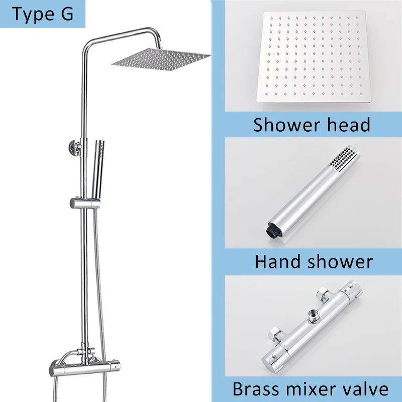 Suguword Thermostatic Chrome Bathroom Shower Faucet Set Rainfall Bath 8 inch Shower Head Thermostat Shower Crane Taps
