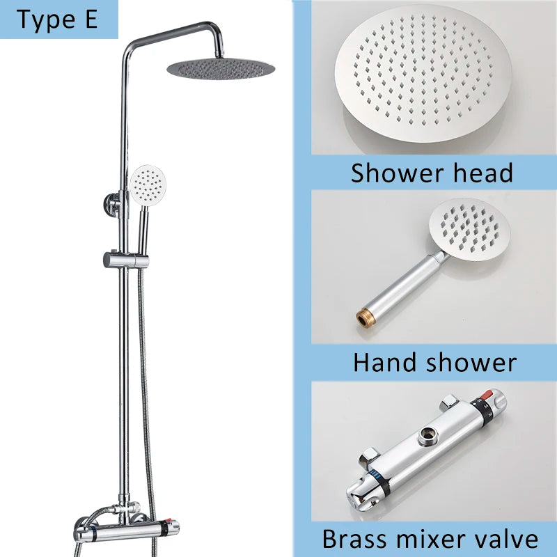 Suguword Thermostatic Chrome Bathroom Shower Faucet Set Rainfall Bath 8 inch Shower Head Thermostat Shower Crane Taps