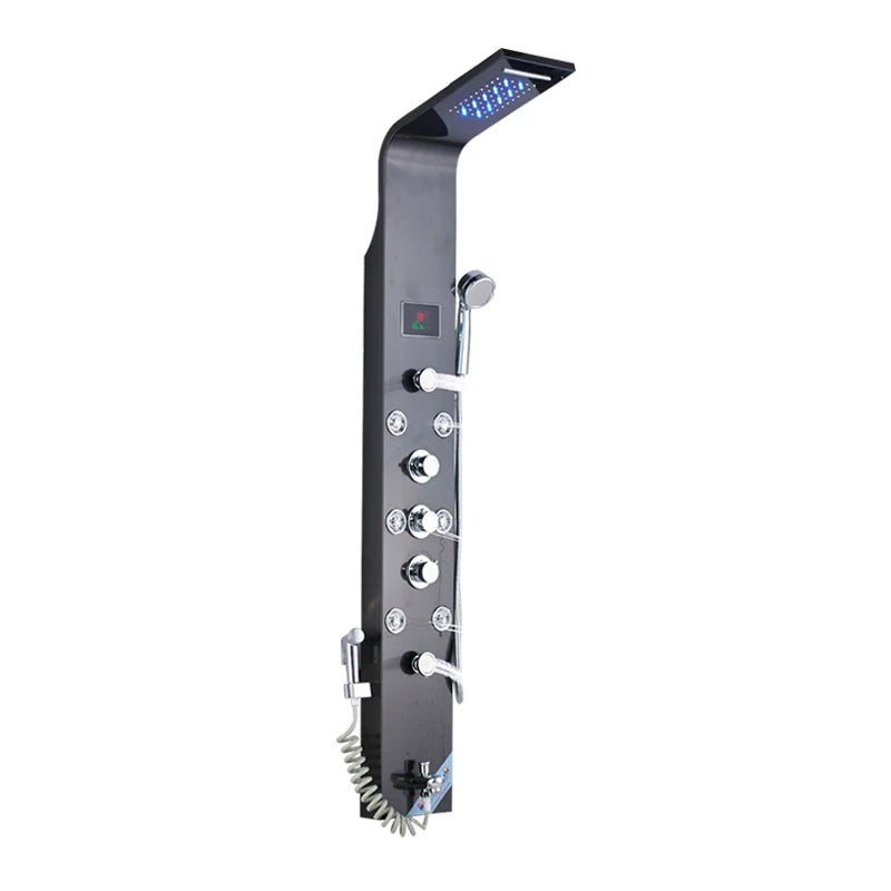Saeuwtowy Wall Mount Shower Panel Shower Column LED Waterfall Shower Faucet Set With Bidet Sprayer Massage Temperature Display
