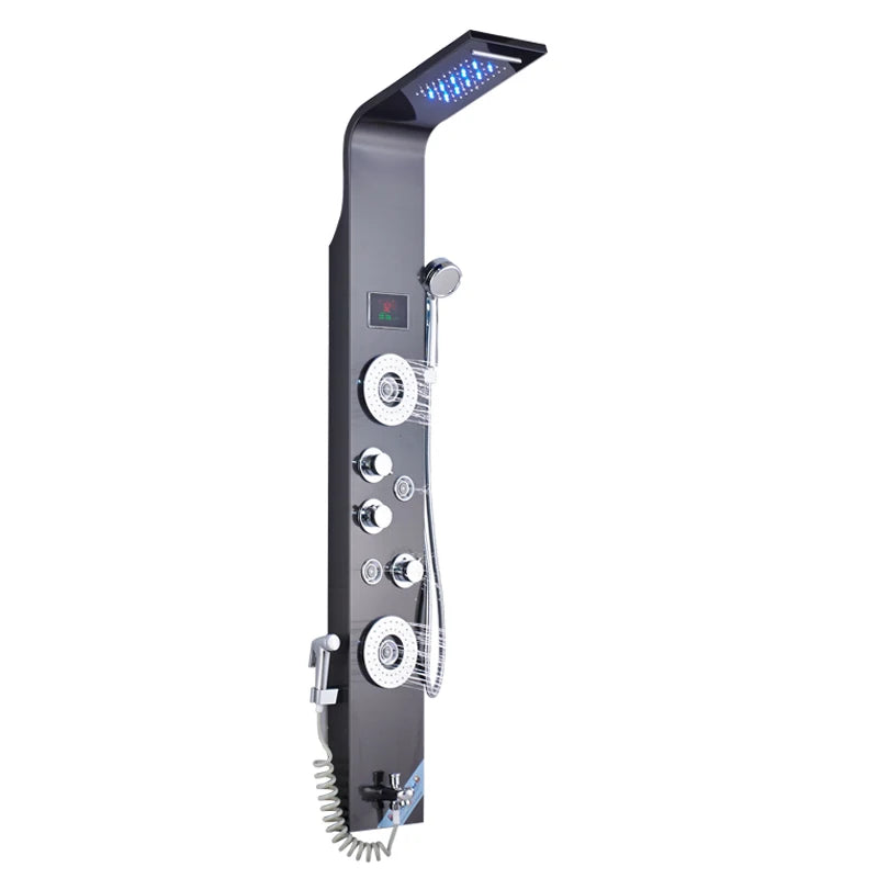 Saeuwtowy Wall Mount Shower Panel Shower Column LED Waterfall Shower Faucet Set With Bidet Sprayer Massage Temperature Display