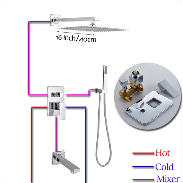 Rozin Wall Mount Rainfall Shower Faucet Set Chrome Concealed Bathroom Faucets System 16'' Head with Swivel Tub Spout Mixer Tap