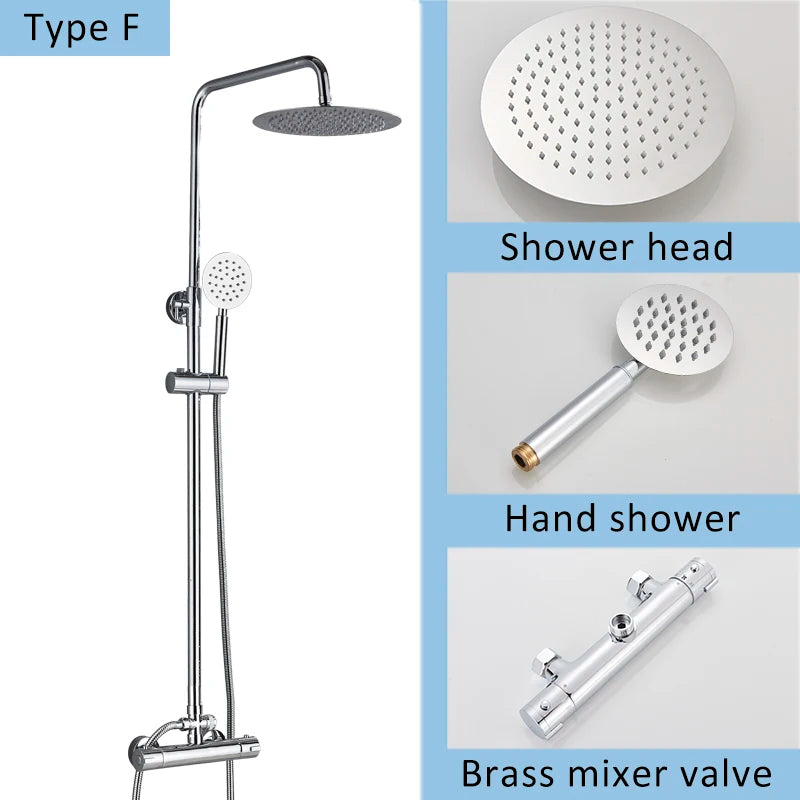 Suguword Thermostatic Chrome Bathroom Shower Faucet Set Rainfall Bath 8 inch Shower Head Thermostat Shower Crane Taps