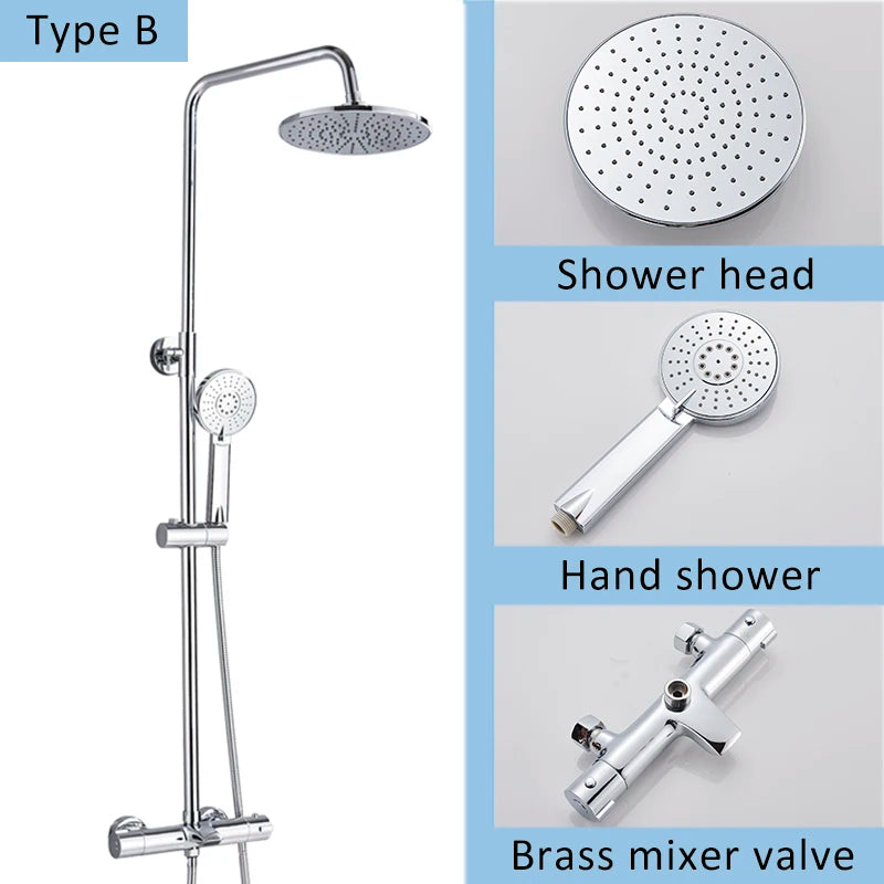Suguword Thermostatic Chrome Bathroom Shower Faucet Set Rainfall Bath 8 inch Shower Head Thermostat Shower Crane Taps