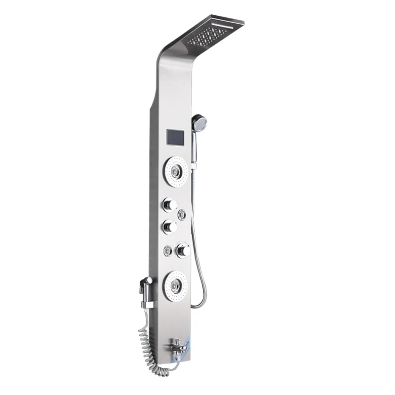 Saeuwtowy Wall Mount Shower Panel Shower Column LED Waterfall Shower Faucet Set With Bidet Sprayer Massage Temperature Display