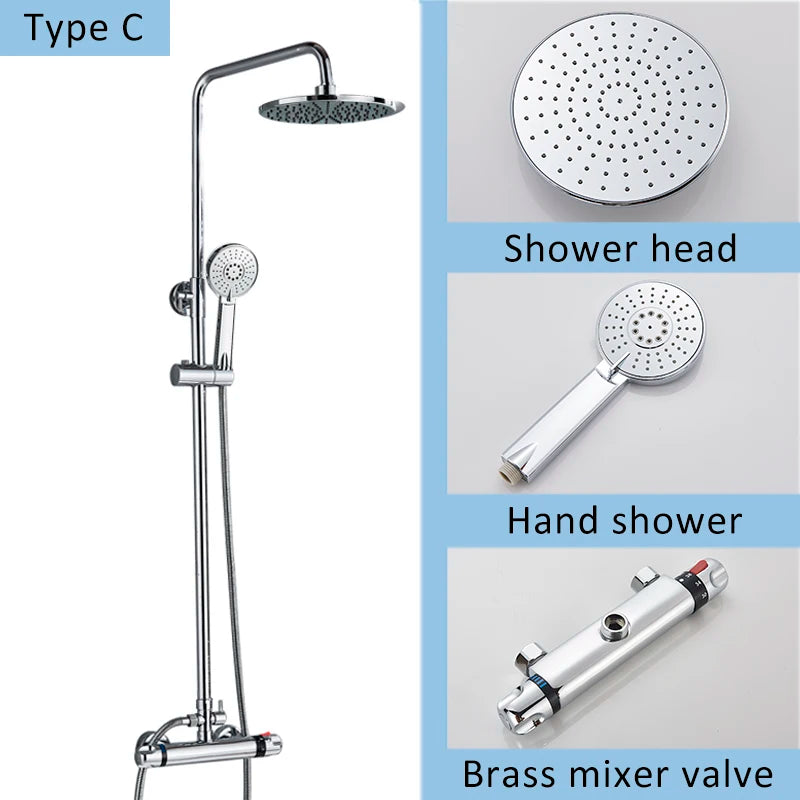 Suguword Thermostatic Chrome Bathroom Shower Faucet Set Rainfall Bath 8 inch Shower Head Thermostat Shower Crane Taps