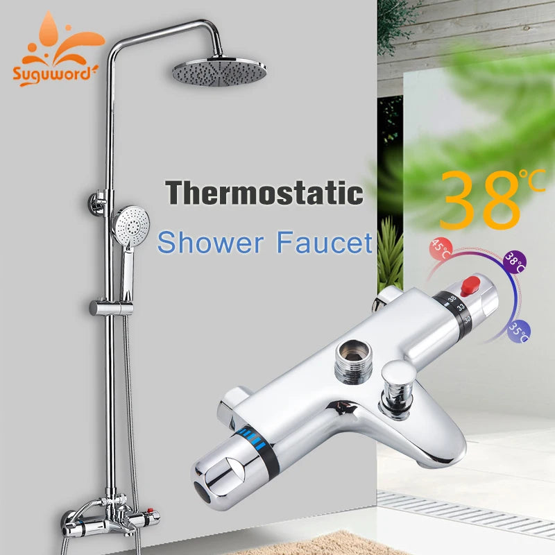 Suguword Thermostatic Chrome Bathroom Shower Faucet Set Rainfall Bath 8 inch Shower Head Thermostat Shower Crane Taps