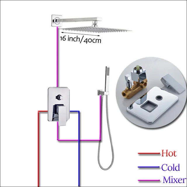 Rozin Wall Mount Rainfall Shower Faucet Set Chrome Concealed Bathroom Faucets System 16'' Head with Swivel Tub Spout Mixer Tap