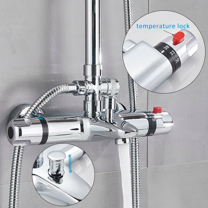 Suguword Thermostatic Chrome Bathroom Shower Faucet Set Rainfall Bath 8 inch Shower Head Thermostat Shower Crane Taps