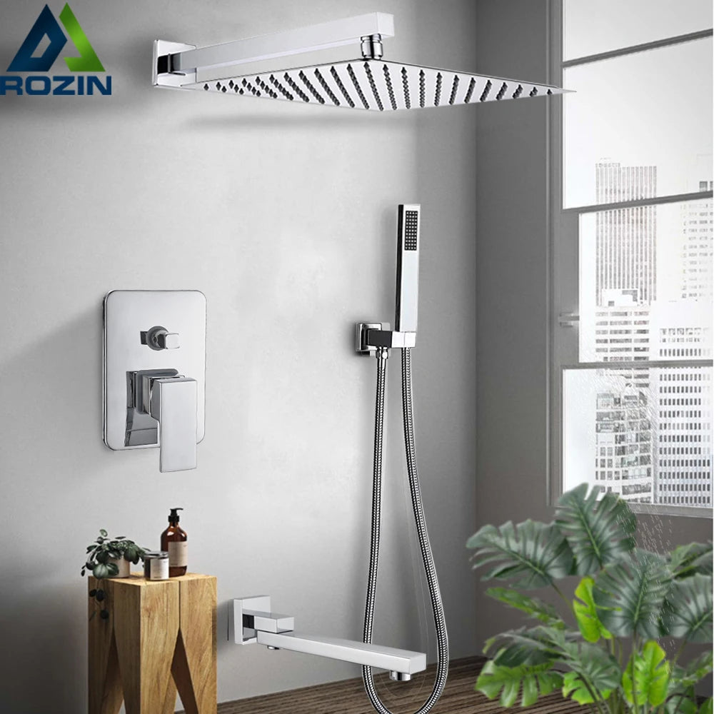 Rozin Wall Mount Rainfall Shower Faucet Set Chrome Concealed Bathroom Faucets System 16'' Head with Swivel Tub Spout Mixer Tap