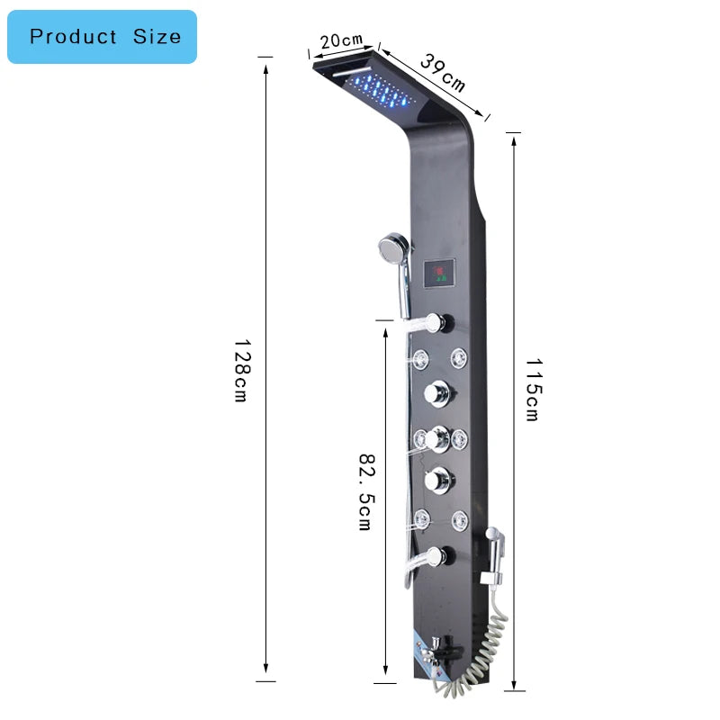 Saeuwtowy Wall Mount Shower Panel Shower Column LED Waterfall Shower Faucet Set With Bidet Sprayer Massage Temperature Display