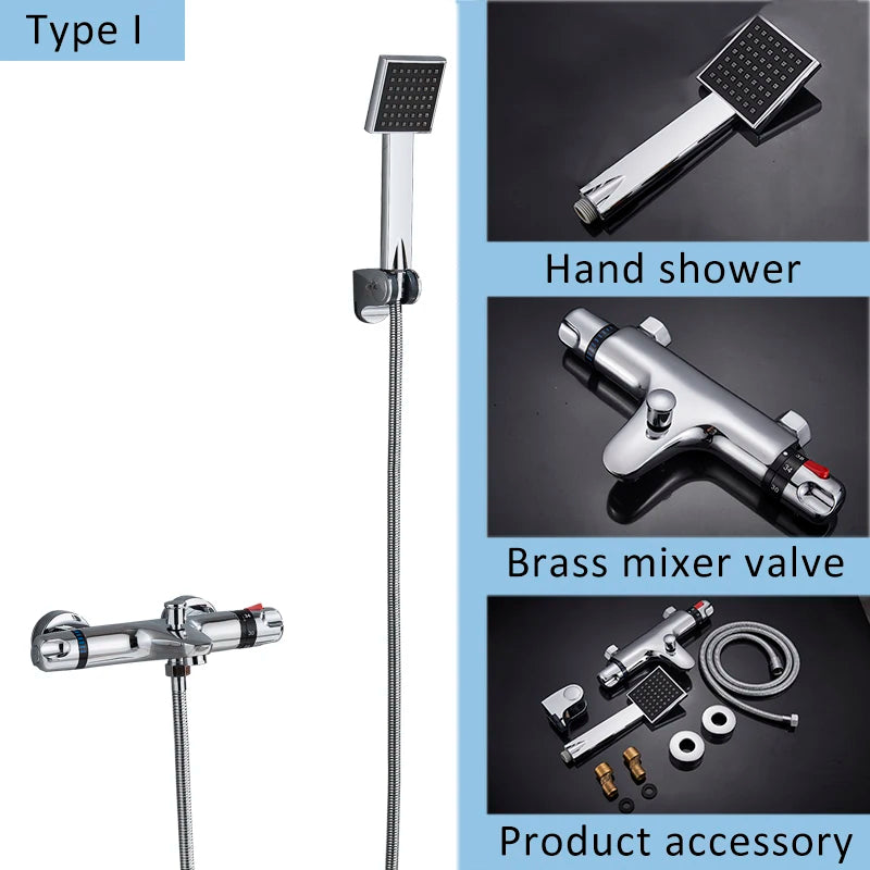 Suguword Thermostatic Chrome Bathroom Shower Faucet Set Rainfall Bath 8 inch Shower Head Thermostat Shower Crane Taps