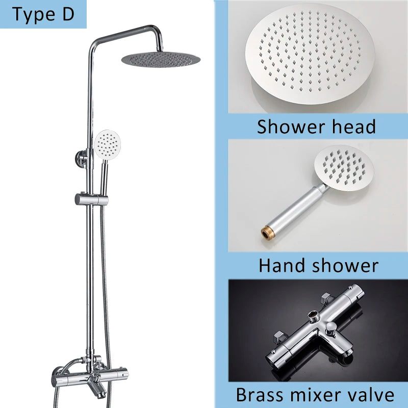 Suguword Thermostatic Chrome Bathroom Shower Faucet Set Rainfall Bath 8 inch Shower Head Thermostat Shower Crane Taps