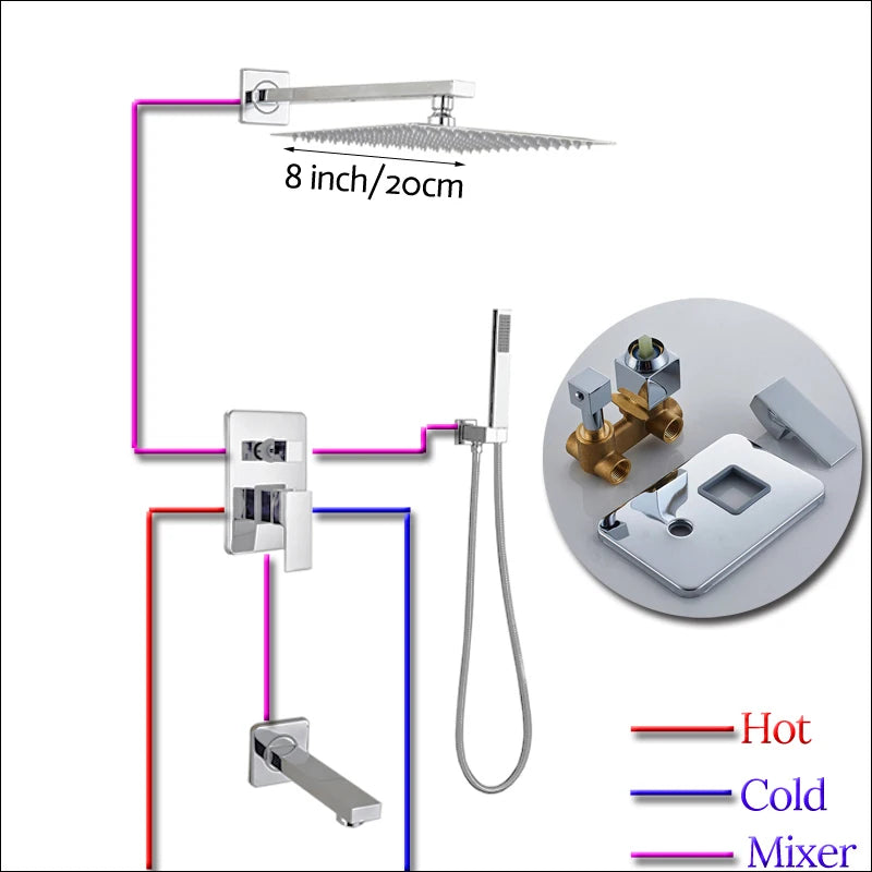 Rozin Wall Mount Rainfall Shower Faucet Set Chrome Concealed Bathroom Faucets System 16'' Head with Swivel Tub Spout Mixer Tap